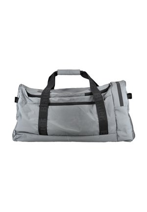 Grijze sporttas met zwarte banden, voorzien van een ritsvak aan de voorkant en een zachte, gestructureerde stof. Compact rechthoekig ontwerp.