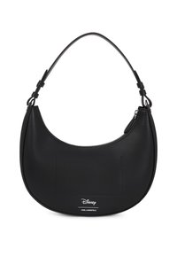 Black faux leather shoulder bag with curved shape, top zip closure, and adjustable strap. Features "Disney" and "Karl Lagerfeld" logos.