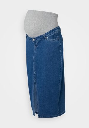 Fustă din denim pentru gravide, cu o nuanță albastră închisă, slit frontal și o talie elastică moale de culoare gri, pentru confort și ușurință în purtare.