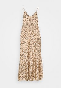 Robe maxi florale en beige clair, ornée de motifs floraux bruns, avec de fines bretelles réglables et un ourlet volanté. Fabriquée en tissu léger.