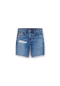 Shorts in denim blu con una finitura sbiadita, caratterizzati da un strappo vissuto, design a cinque tasche e taglio dritto all'altezza del mezzo coscia.