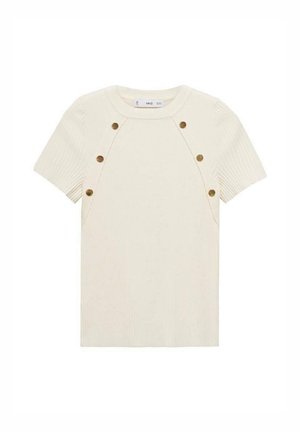 Tricou crem cu dungi, cu mâneci scurte, având un guler rotund și nasturi decorativi aurii pe umeri. Textură netedă.