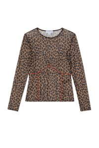 Dugi rukav majica od prozirnog smeđeg materijala s crnim leopard uzorkom, s narančastim šavovima i okruglim izrezom.