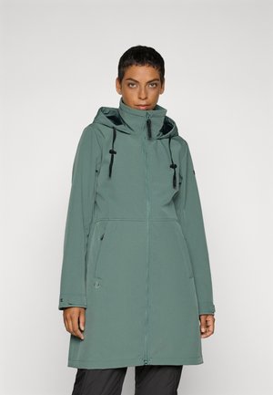 Water-resistant green jacket with a high collar, hood, and front zipper. Features adjustable drawstrings and side pockets. Smooth texture.