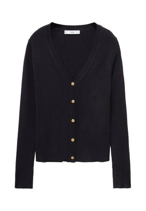 Black ribbed cardigan with a V-neckline, featuring six gold buttons down the front and long sleeves, made from a soft knit material.