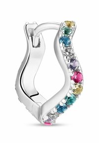 Silver hoopörhänge med en böjd design och flerfärgade stenar, inklusive rosa, blå, grön, klar och gula detaljer.