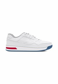 White leather sneaker with perforated detailing, gray accents, a thick white sole, and a blue outsole featuring a red stripe on the heel.