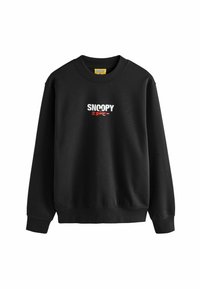 Fekete, pamut keverékből készült pulóver, amely kerek nyakkivágással és bordázott mandzsettával rendelkezik, fehér és piros színű "SNOOPY" felirattal és japán szöveggel.