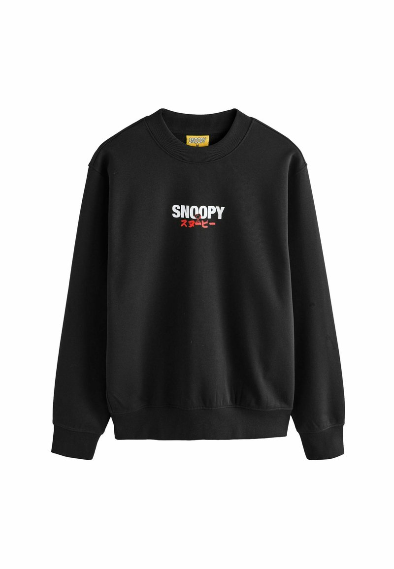 Fekete, pamut keverékből készült pulóver, amely kerek nyakkivágással és bordázott mandzsettával rendelkezik, fehér és piros színű "SNOOPY" felirattal és japán szöveggel.