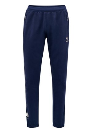 Donkerblauwe joggingsbroek van zacht materiaal, met een elastische tailleband, zijzakken en een taps toelopende pasvorm, voorzien van logo- en patroonaccenten.
