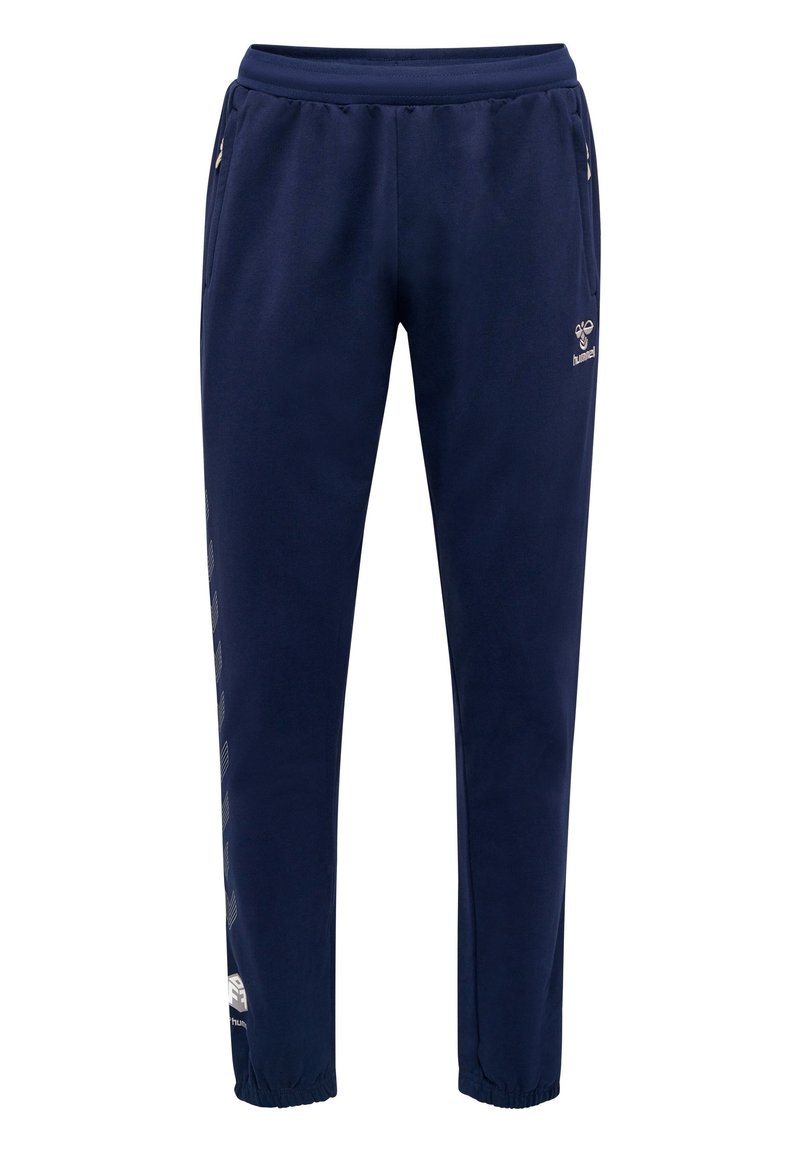 Donkerblauwe joggingsbroek van zacht materiaal, met een elastische tailleband, zijzakken en een taps toelopende pasvorm, voorzien van logo- en patroonaccenten.
