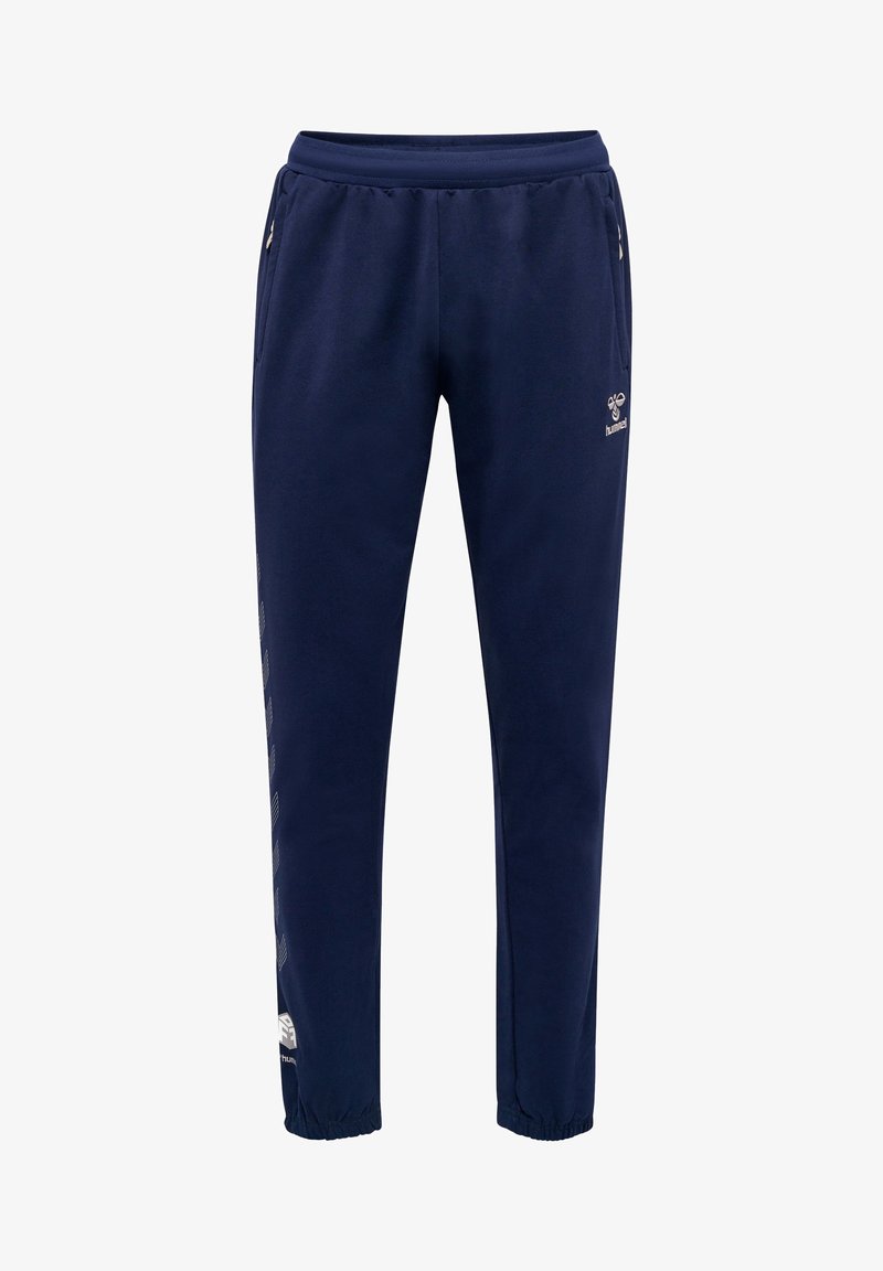 Pantalones de chándal azul marino hechos de una tela suave, con cintura elástica, bolsillos laterales y un corte tapered, adornados con un logo y patrones.