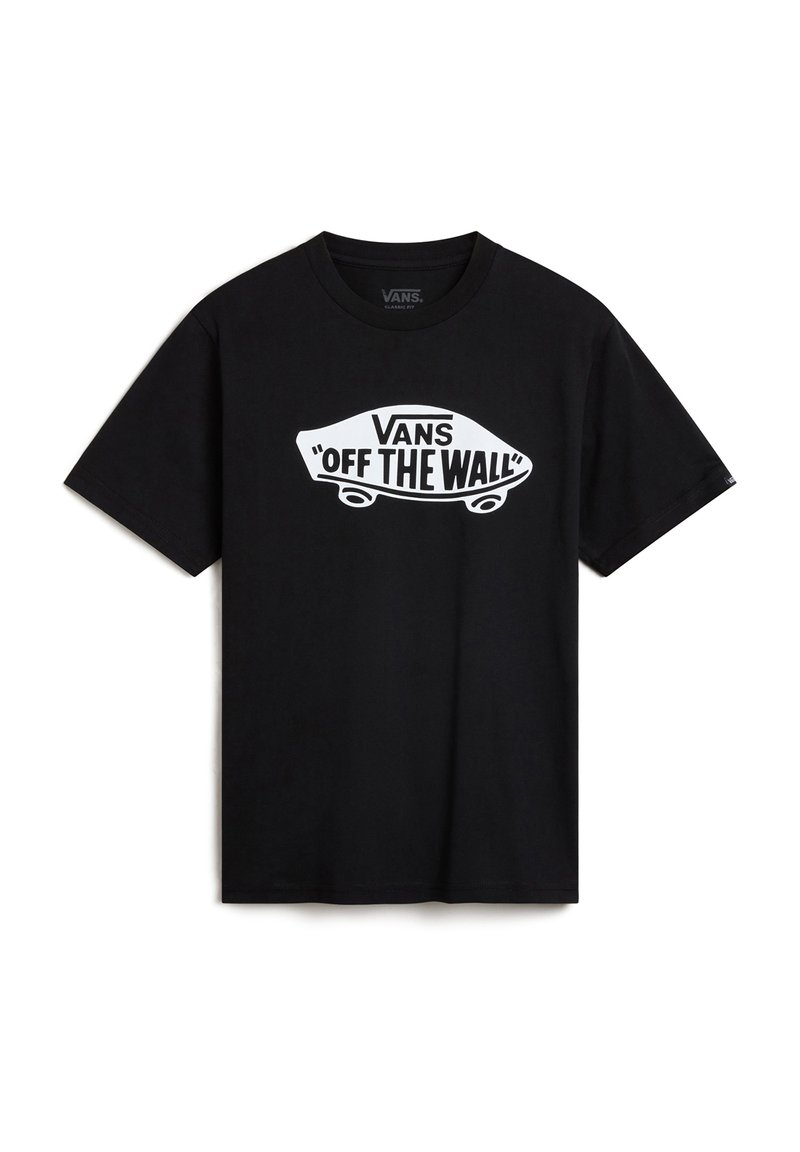 Camiseta negra de algodón con un gran gráfico blanco que presenta "VANS" y "OFF THE WALL" en un diseño de patineta. Mangas cortas, cuello redondo.