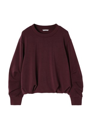 Pulover burgundy confecționat dintr-un material ușor, cu un decolteu rotund larg, mâneci lungi și o margine gathered pentru un fit lejer.