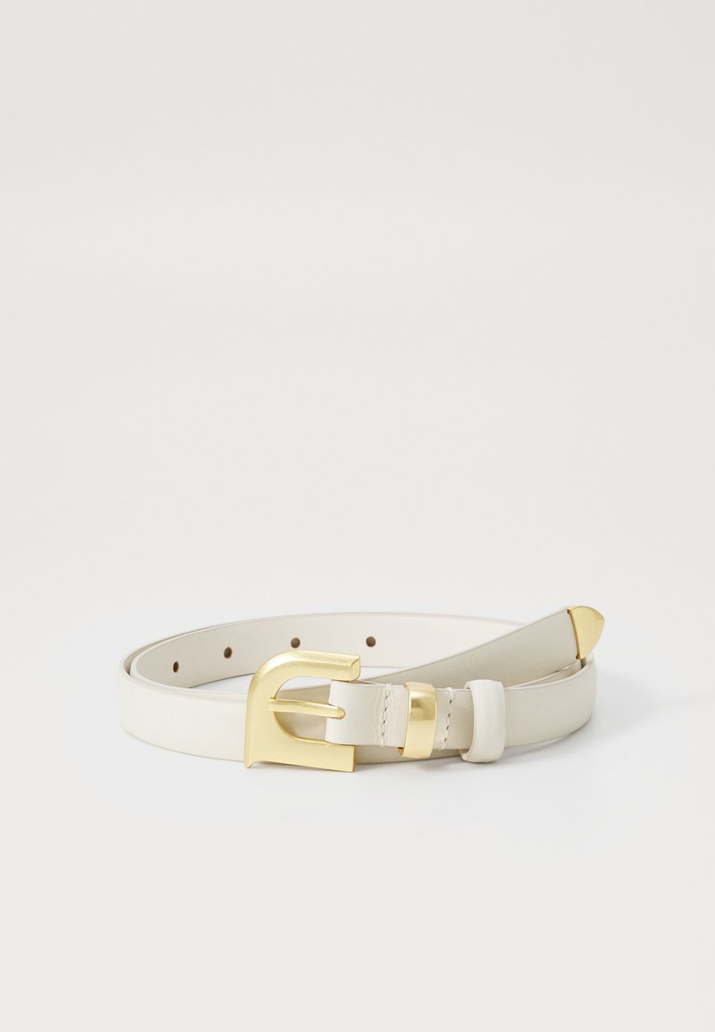 White leather belt with a gold E-shaped buckle and two gold hardware accents. Features evenly spaced holes and a pointed end.