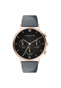 Orologio con quadrante nero e indici in tono oro, subquadranti cronografici e cinturino in silicone grigio lucido. Presenta numeri romani XII e VI.
