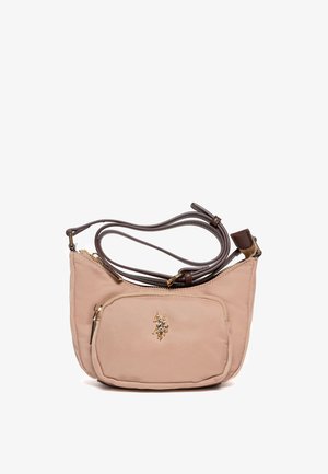 Vaaleanpunainen nylonista valmistettu olkalaukku, jossa on ruskea säädettävä hihna ja etutasku vetoketjulla. Koristeena kullanvärinen logoyksityiskohta.