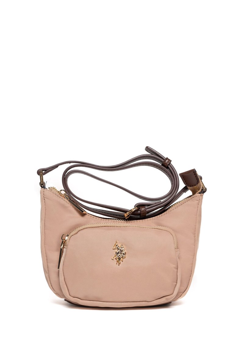 Jasnoróżowa nylonowa torebka na ramię z brązowym regulowanym paskiem i przednią kieszenią na suwak. Złoty logo w stylu akcentu.
