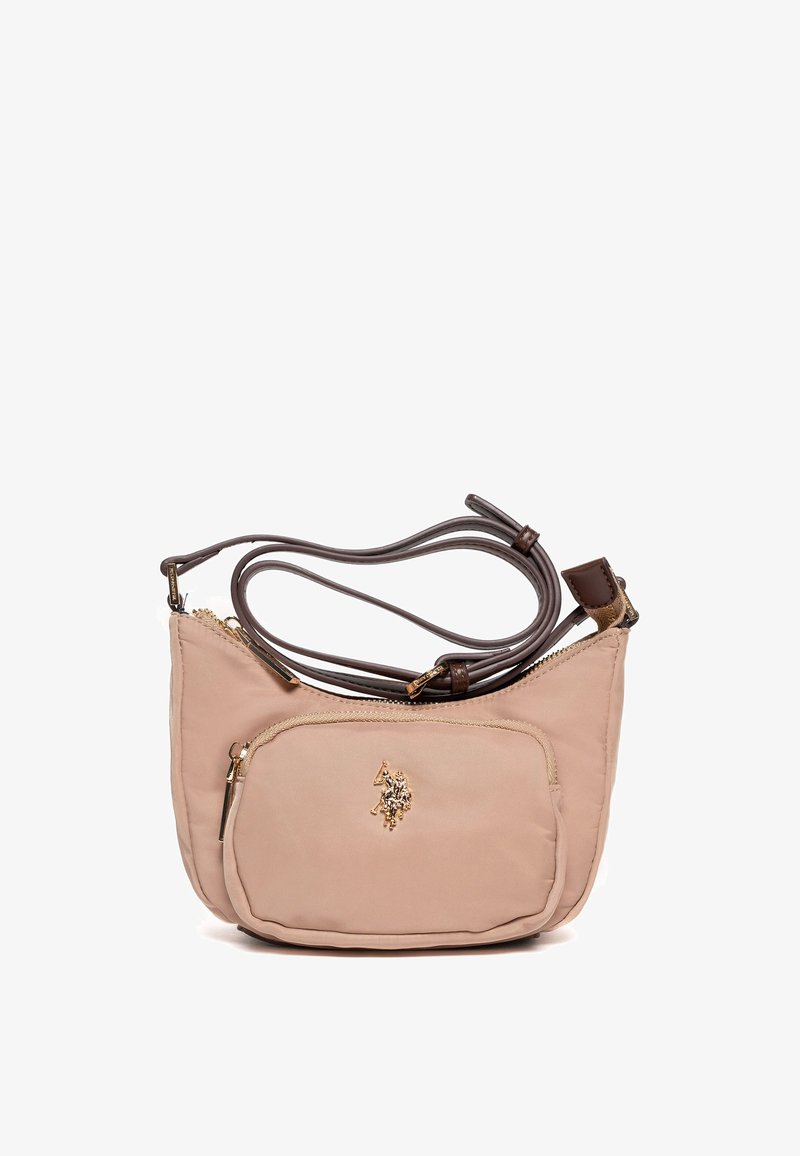 Jasnoróżowa nylonowa torebka na ramię z brązowym regulowanym paskiem i przednią kieszenią na suwak. Złoty logo w stylu akcentu.