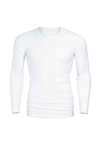 T-shirt bianco a maniche lunghe realizzato in tessuto morbido, con scollatura rotonda e un design aderente senza motivi o dettagli.