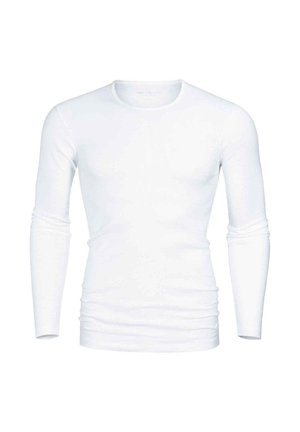 Long-sleeve white T-shirt made of smooth fabric, featuring a round neckline and a fitted design with no patterns or accents.