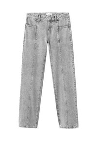 Svetlo sivi traper hlače s ravnim krojem. Imajo sprednje žepke, pasne zanke ter zadrgo s gumbom za zapiranje.