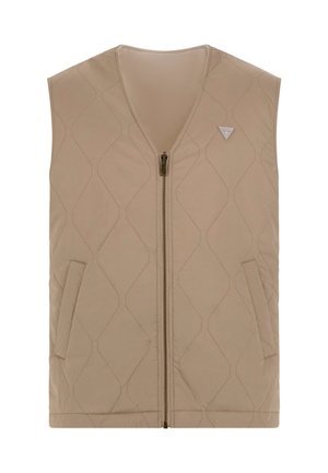 Beige mouwloze gewatteerde vest met een V-hals, ritssluiting aan de voorkant, twee zijzakken en een ruitpatroon stiksel. Bevat een logo op de bovenste linkerkant.