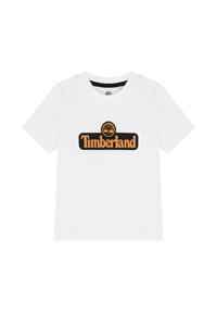 Witte kortekrawat t-shirt met ronde hals en een zwart en oranje Timberland-logo met boomembleem gecentreerd op de borst.