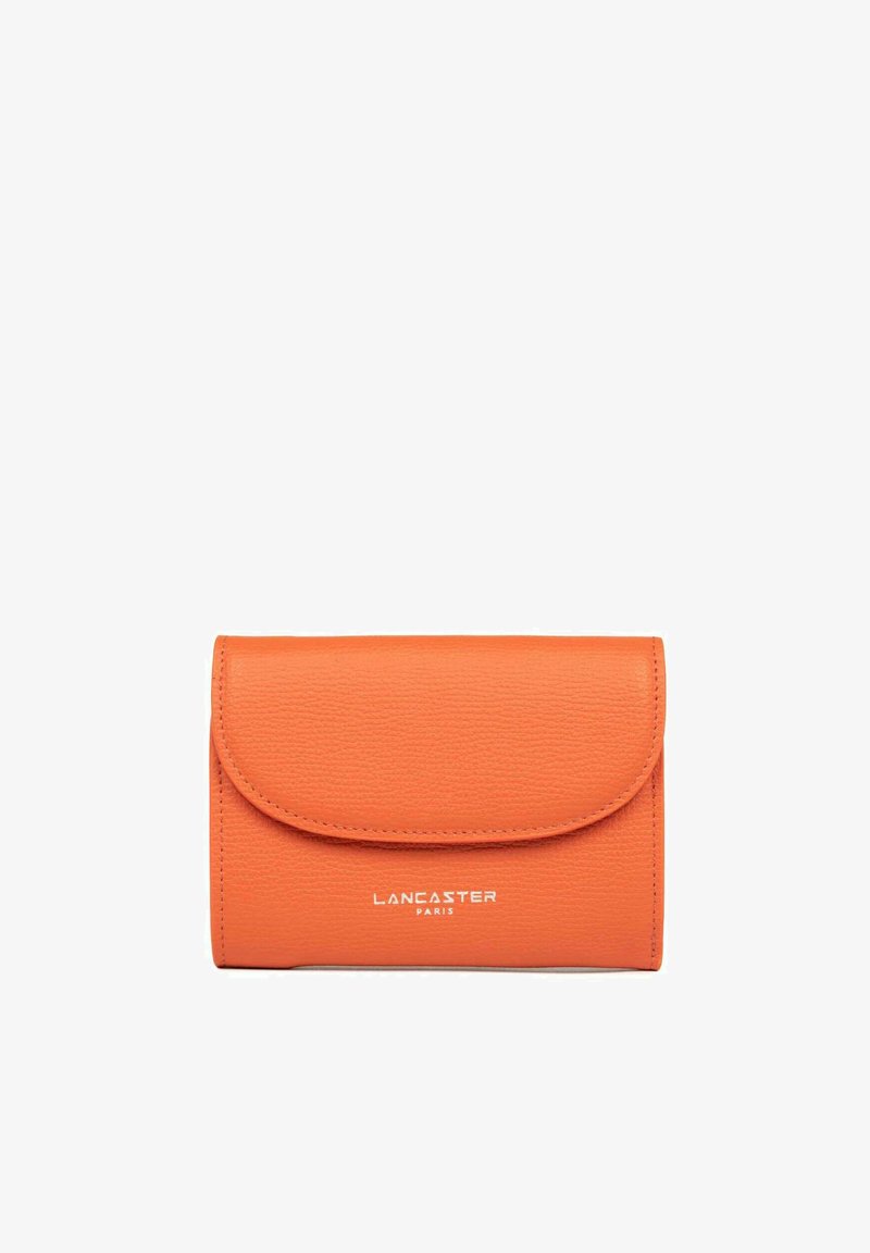 Orange leather wallet with a textured finish, featuring a flap closure and embossed "LANCASTER PARIS" logo at the bottom.