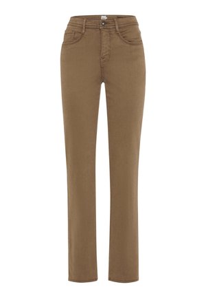 Brune denimbukser med lige ben design, der har en klassisk fem-lomme konfiguration og en talje med en frontknaplukning.