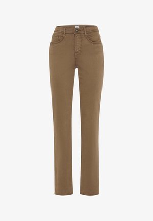 Jeans in denim marrone con un taglio dritto, caratterizzati da una classica configurazione a cinque tasche e una vita con chiusura a bottone frontale.