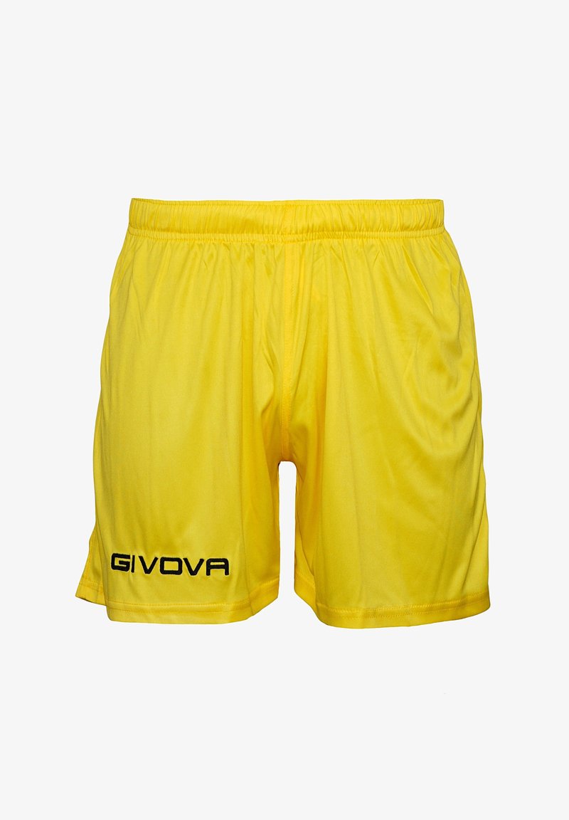 Pantaloni scurți atletici galbeni, realizați dintr-un material ușor și respirabil, cu un brâu elastic. Prezintă logo-ul "GIVOVA" în negru în partea stângă jos.