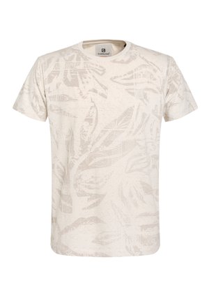 Lichtbeige t-shirt met een subtiele bloemenpatroon, korte mouwen, ronde hals en een klein logo-tag op de bovenste linkerzijde.