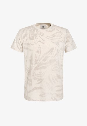 Svetlo bež majica s subtilnim cvetnim vzorcem, kratkimi rokavi, okroglim izrezom in majhnim logotipom na zgornji levi strani.