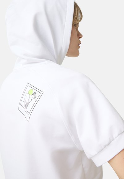 White hoodie featuring a drawstring hood and short sleeves with a graphic of ice cream cones on the back. Soft material with a smooth texture.