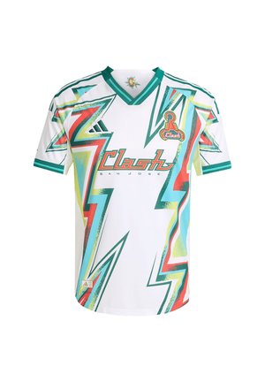 Maillot de football San Jose Clash avec un col vert, motifs de foudre rétro en teal, rouge, jaune, et logo sur la poitrinière et la manche.
