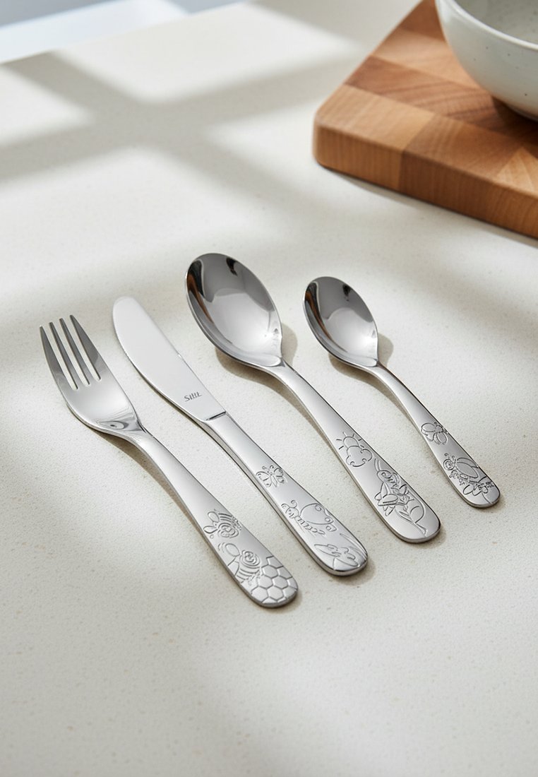 Cztery dziecięce sztućce ze stali nierdzewnej — widelec, nóż, duża łyżka i mała łyżka — z wygrawerowanymi wzorami zwierząt i owadów na rękojeściach.