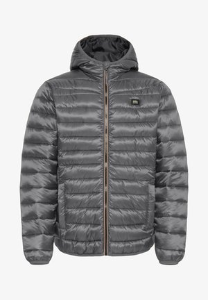 Pelēks pūkains jakas ar kapuci, ar pilna garuma priekšējo rāvējslēdzēju, elastīgām aprocēm, sānu kabatām un izšūtu rakstu siltumizolācijai.