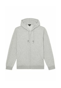 Svijetlosivi zip-up dukserica od mekog materijala, koja ima kapuljaču, prednje džepove, vezice i rebraste manžete i porub.