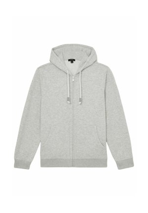Šviesiai pilkas zip-up džemperis, pagamintas iš minkštos medžiagos, turintis kapšą, priekinės kišenės, raištelius ir susiraukšlėjusius rankogalius bei apačią.