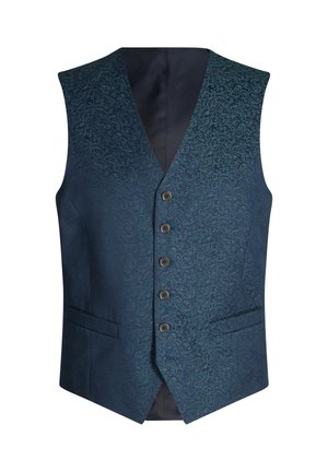 Dark blue men's vest with paisley pattern, five front buttons, and two slit pockets, sleeveless with V-neck collar.