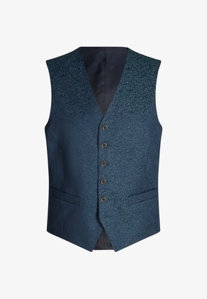 Dark blue men's vest with paisley pattern, five front buttons, and two slit pockets, sleeveless with V-neck collar.