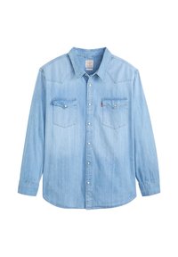 Jasnoniebieska dżinsowa koszula z długim rękawem, z wywiniętym kołnierzem, zatrzaskami, dwoma kieszeniami na piersi zapinanymi na guziki oraz zaokrąglonym dołem.