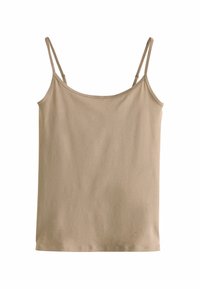 Beige dametop uden ærmer med tynde justerbare stropper, enkel design og glat stofstruktur.