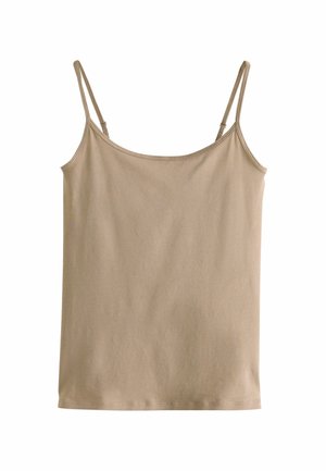 Beige dámská bezramínková tílko s tenkými nastavitelnými ramínky, jednoduchý design a hladká textura látky.