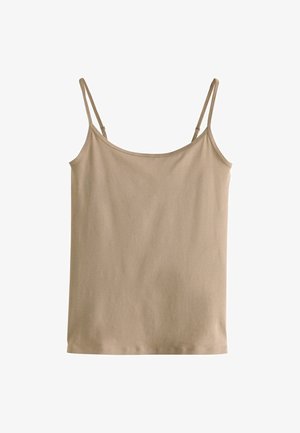 Beige dametop uden ærmer med tynde justerbare stropper, enkel design og glat stofstruktur.