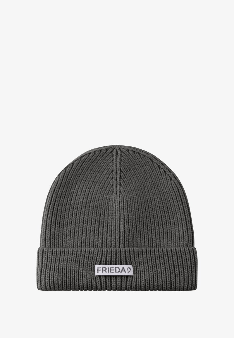 Gray knit beanie with textured ribbing, featuring a folded cuff and a small white label with "FRIEDA" text.