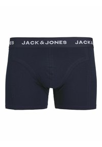 Marineblauwe boxershorts met een grijze elastische tailleband met het logo "JACK & JONES", gemaakt van een gladde, rekbare stof.