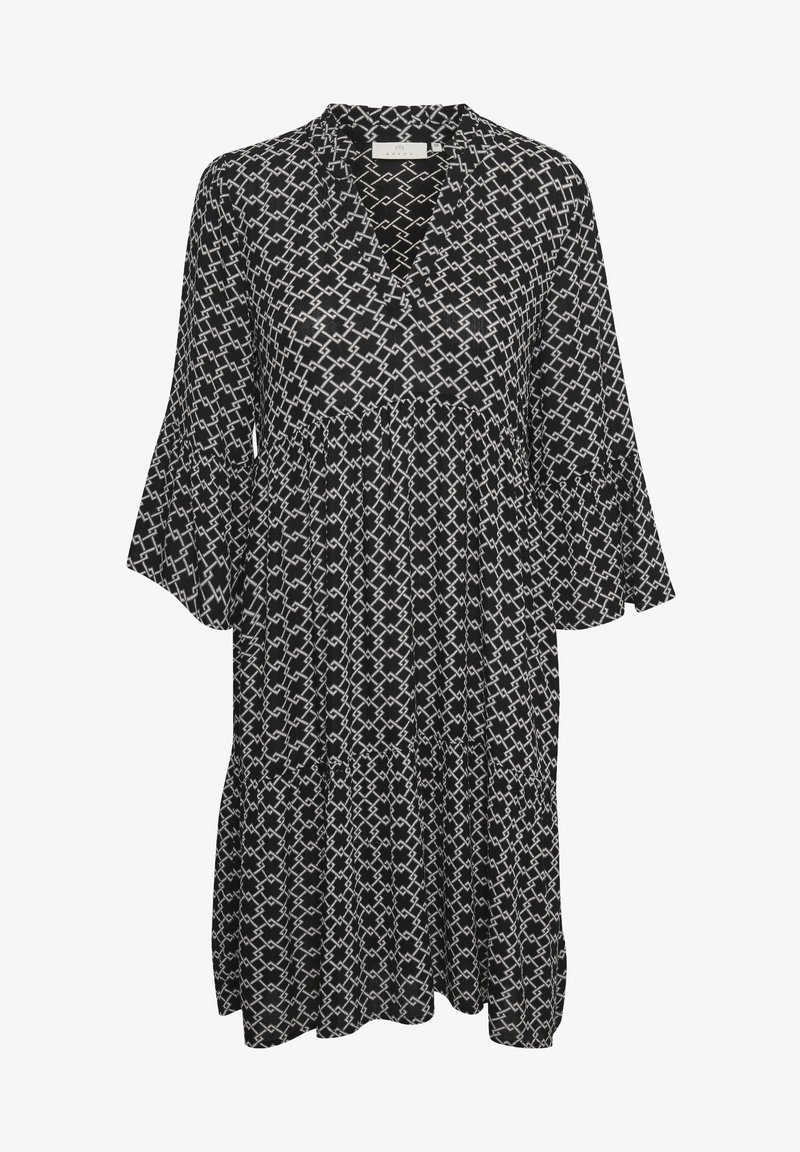 Robe midi noire avec motif chaîne géométrique blanche, manches longues évasées, encolure en V et jupe à volants superposés.