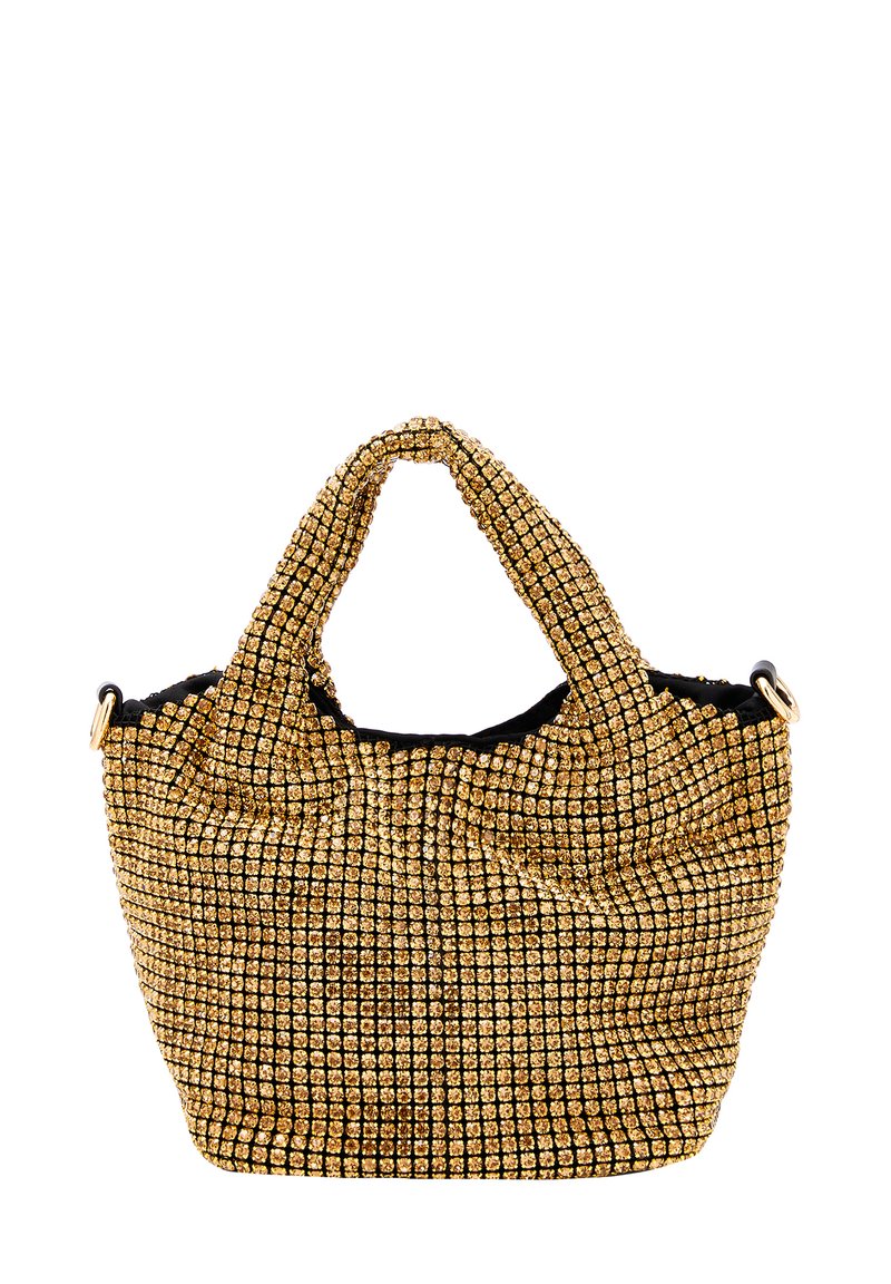 Goldfarbene Netzhandtasche mit schwarzen Stoffakzenten, die eine strukturierte Oberfläche aus kleinen quadratischen Perlen und zwei kurzen Griffen aufweist.